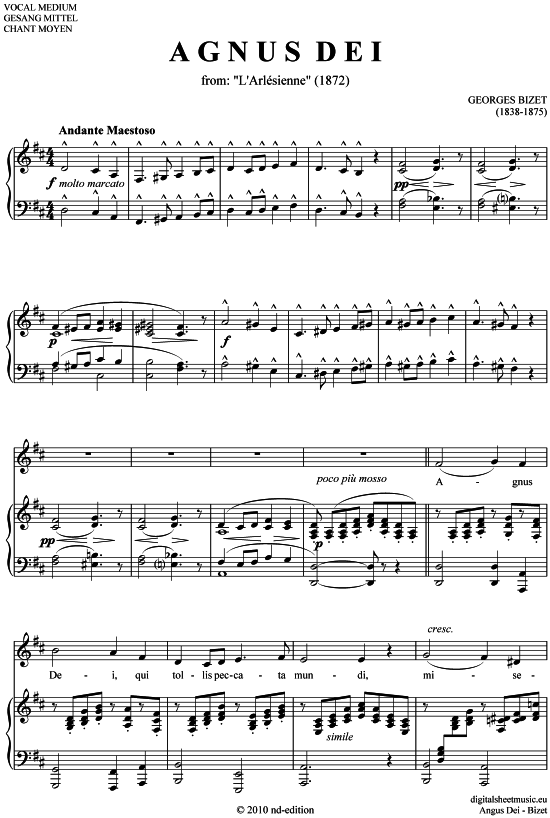 Agnus Dei (mittel H - G ) (Klavier  Gesang) von Georges Bizet (1838-1875)