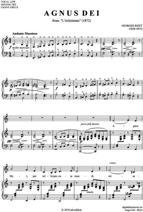 Agnus Dei (tief A - F ) (Klavier  Gesang) von Georges Bizet (1838-1875)