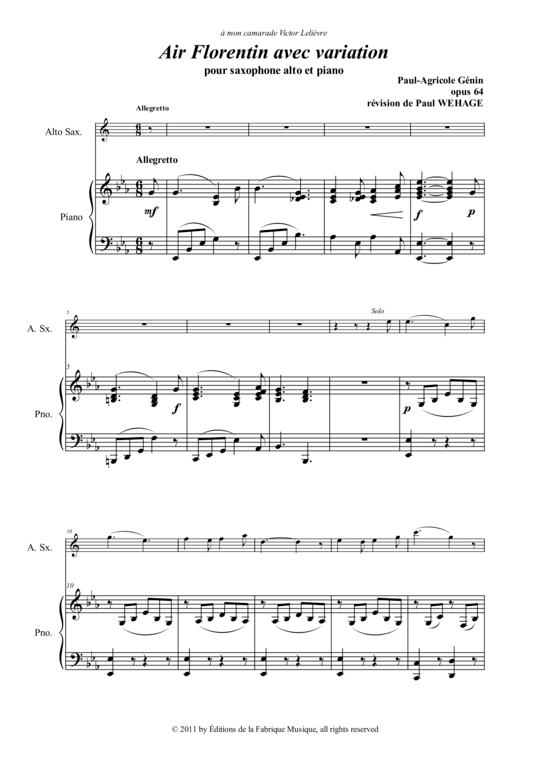 Air Florentin avec variation opus 65 (Alt-Saxophon + Klavier) (Klavier  Alt Saxophon) von Paul-Agricole G nin