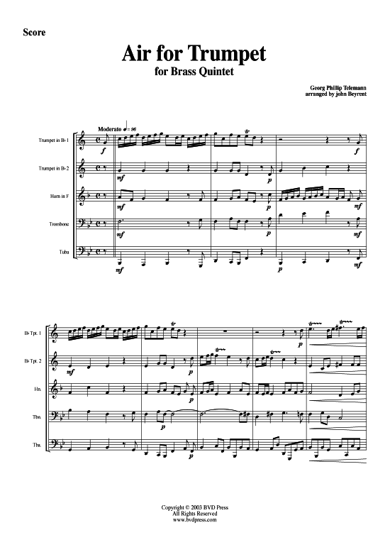 Air f r Trompete (Blechbl serquintett) (Quintett (Blech Brass)) von Georg Philipp Telemann (arr. Beyrent)