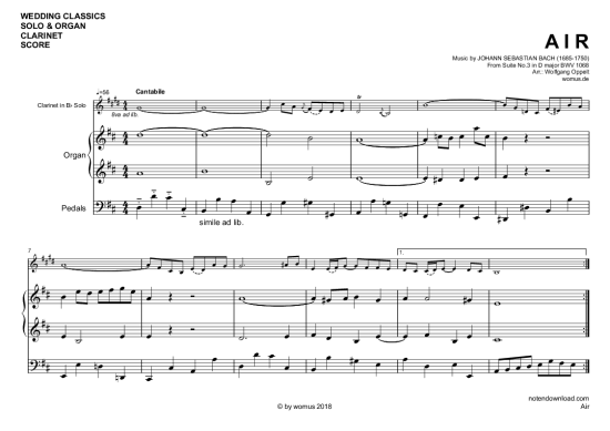 Air (Klarinette in B + Orgel) (Orgel  Klarinette) von Johann Sebastian Bach (arr. WO)