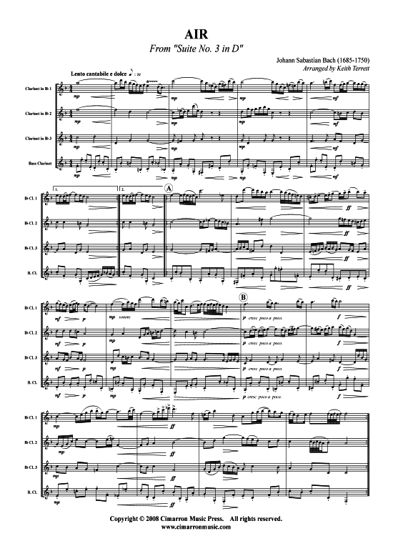 Air (Klarinetten-Quartett) (Quartett (Klarinette)) von J. S. Bach (aus Suite Nr. 3 in D)