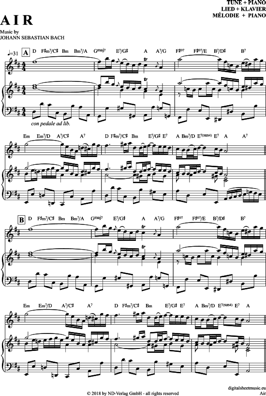 Air (Klavier + Gesang) (Klavier Gesang  Gitarre) von Johann Sebastian Bach