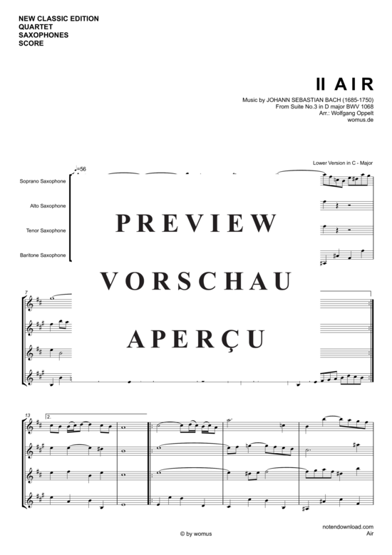 Air (Version in C-Dur) (Saxophon Quartett SATB) (Quartett (Saxophon)) von Johann Sebastian Bach (arr. WO)