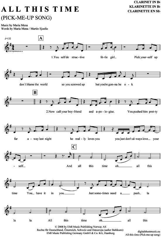 All this time (Pick-Me-Up Song) (Klarinette in B) (Klarinette) von Maria Mena