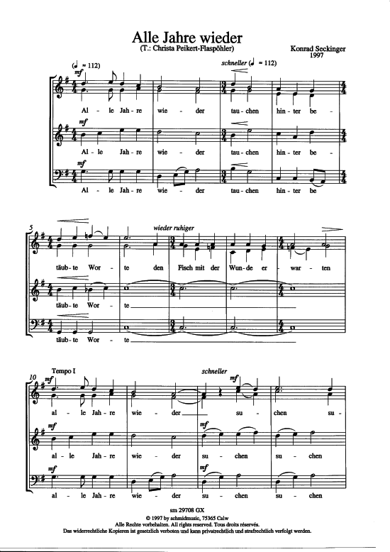 Alle Jahre wieder (S+B Solo Gemischter Chor + Orgel) (Gemischter Chor Soli Orgel) von Konrad Seckinger (1997)