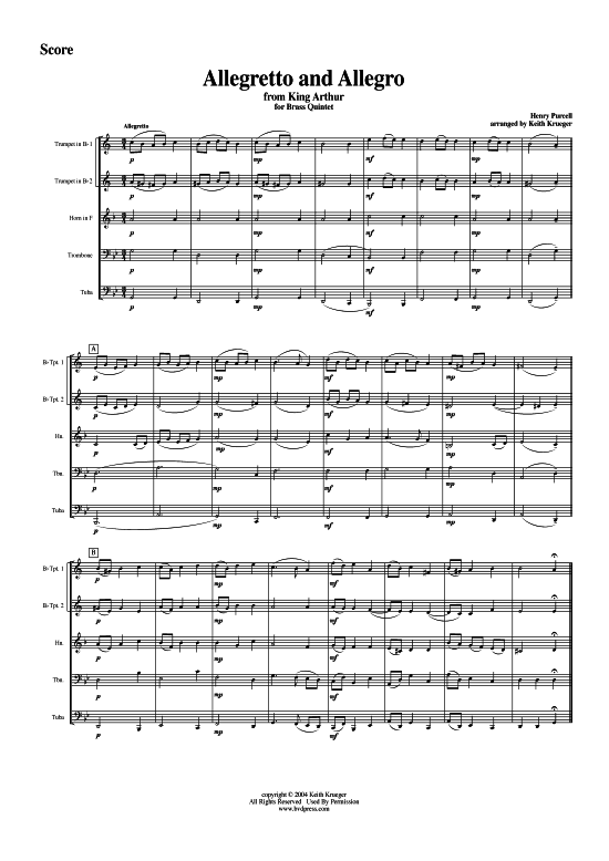 Allegretto und Allegro (Blechbl serquintett) (Quintett (Blech Brass)) von Henry Purcell (aus  King Arthur)