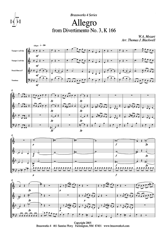 Allegro (2xTromp in B C Horn in F (Pos) Pos) (Quartett (Blech Brass)) von W. A. Mozart (aus Divertimento Nr. 3 K 166)