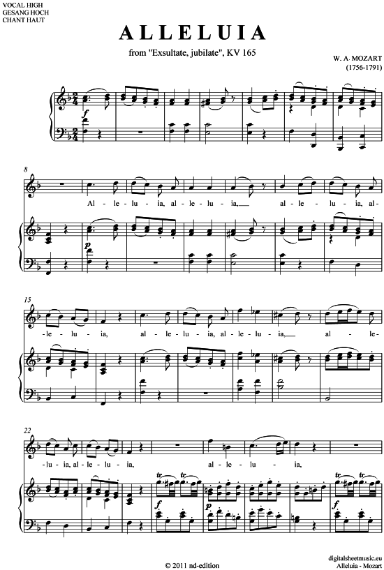 Alleluia - Halleluja (hoch F - A ) (Klavier  Gesang) von W. A. Mozart (Exsultate jubilate KV 165)