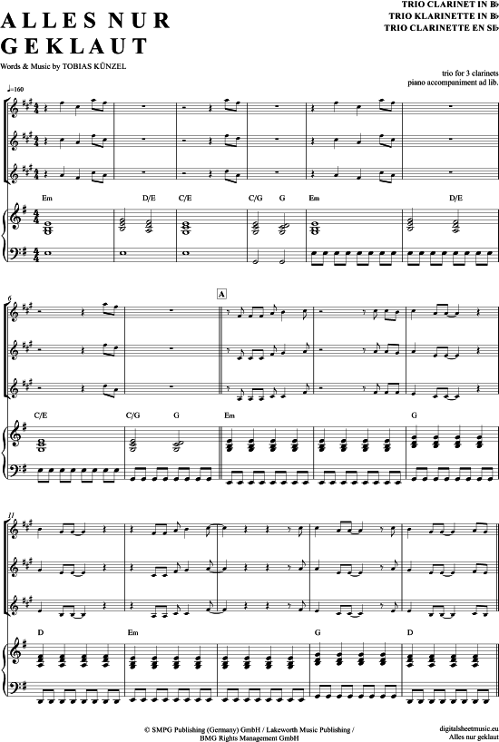 Alles nur geklaut (Klarinetten Trio + Klavier) (Trio (Klarinette)) von Die Prinzen