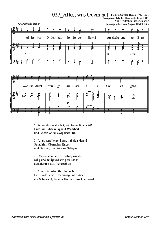Alles was Odem hat (Klavier + Gesang) (Klavier  Gesang) von Joh. Fr. Reichardt 1752-1814  S. Gottlob B rde 1753-1831