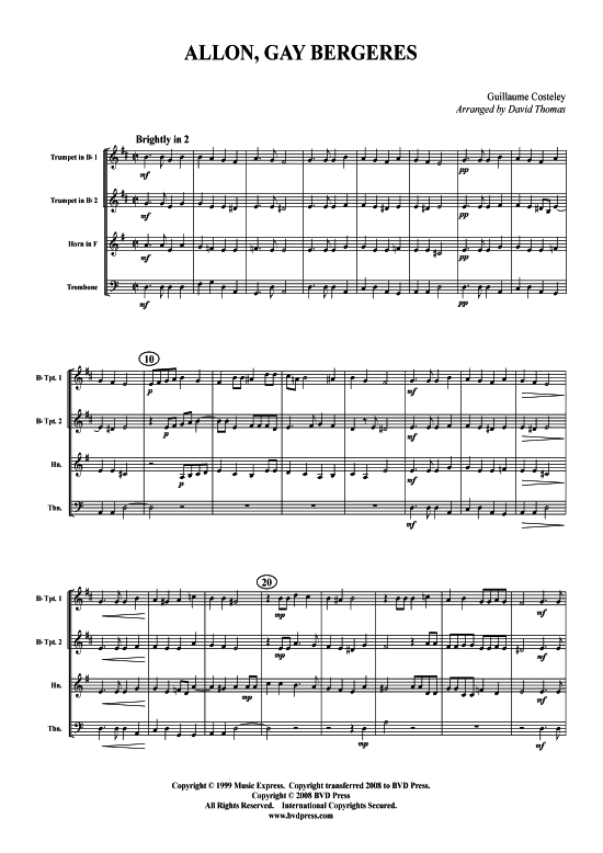 Allon gay bergeres (2xTromp in B Horn in F (Pos) Pos) (Quartett (Blech Brass)) von Guillaume Costeley (arr. Thomas)