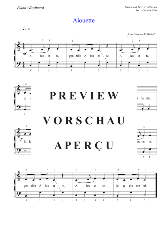 Alouette ( C - Dur) (Vers. 2) (mit Piano  Keyboard - Begleitung) (Klavier einfach) (Klavier einfach) von Volkslied aus Frankreich