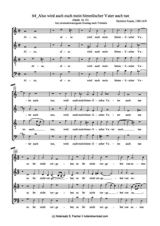 Also wird auch euch mein himmlischer Vater auch tun (Gemischter Chor) (Gemischter Chor) von Melchior Franck (1580-1639)