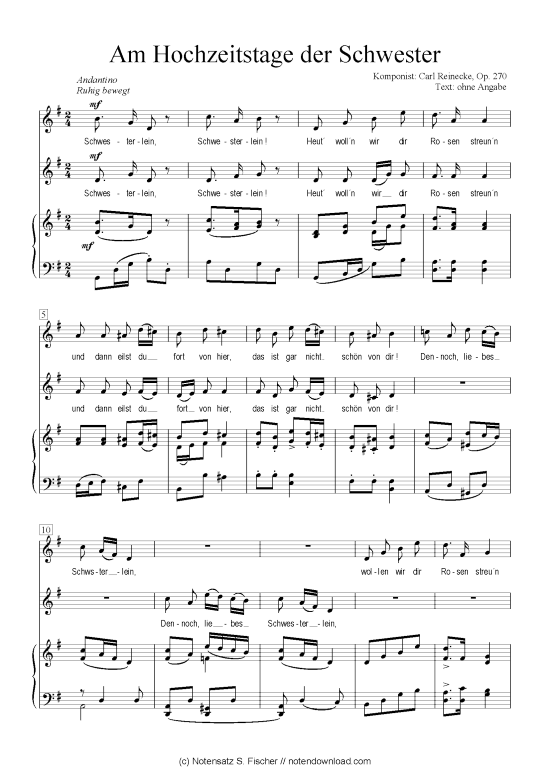 Am Hochzeitstage der Schwester (Klavier + Gesang) (Klavier  Gesang) von Carl Reinecke Op. 270 