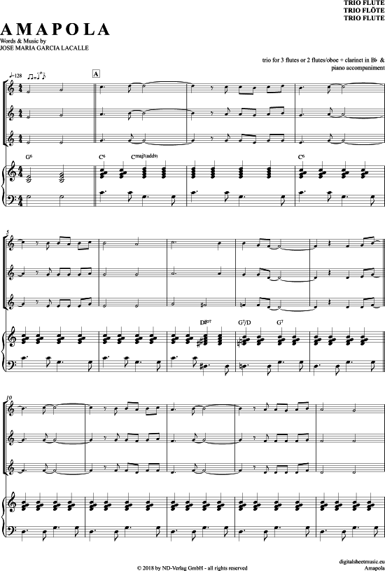 Amapola (Fl ten Trio + Klavier) (Trio (Fl te)) von Joseph Lacalle