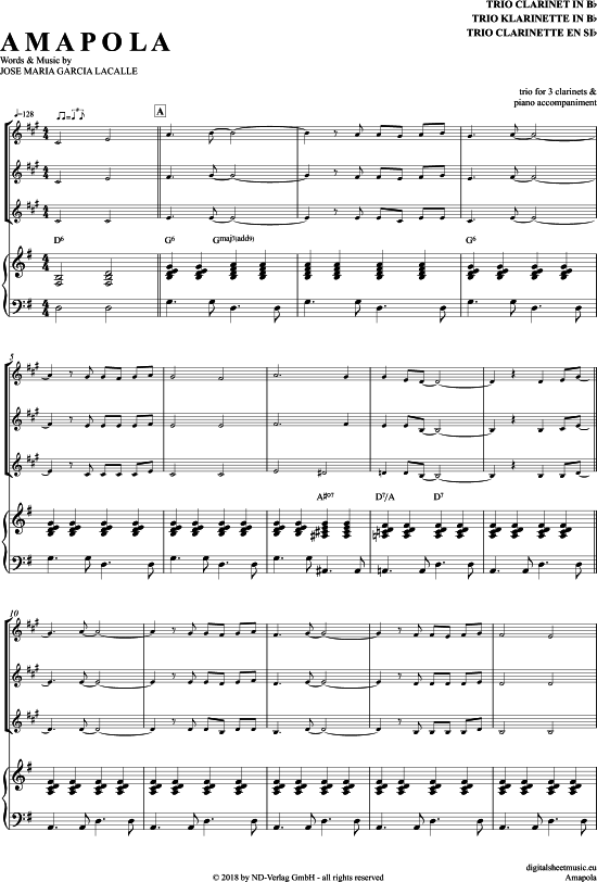 Amapola (Klarinetten Trio + Klavier) (Trio (Klarinette)) von Joseph Lacalle
