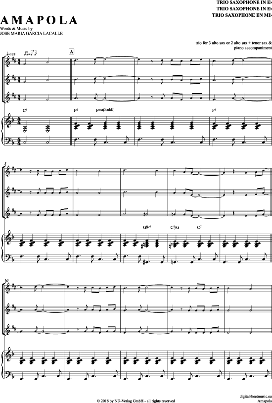 Amapola (Saxophon Trio AAA(T) + Klavier) (Trio (Saxophon)) von Joseph Lacalle