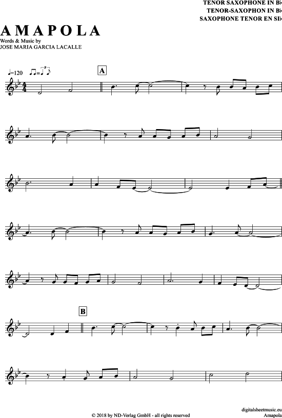 Amapola (Tenor-Sax) (Tenor Saxophon) von Joseph Lacalle