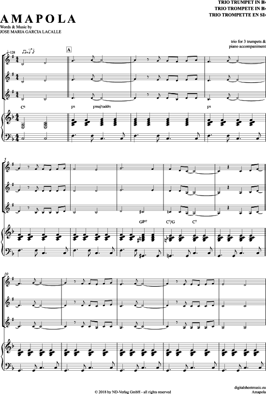 Amapola (Trompeten Trio + Klavier) (Trio (Trompete)) von Joseph Lacalle