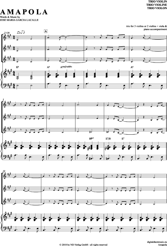 Amapola (Violinen Trio + Klavier) (Trio (Violine)) von Joseph Lacalle