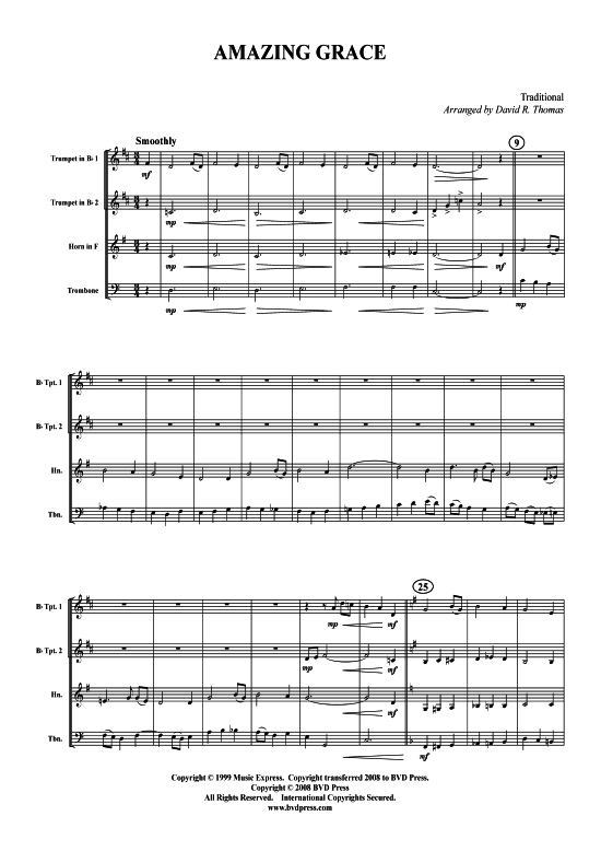 Amazing Grace (2xTromp in B Horn in F (Pos) Pos) (Quartett (Blech Brass)) von Traditional (arr. Thomas)