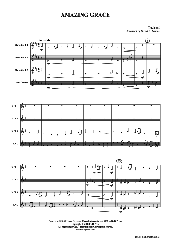 Amazing Grace (3xKLAR in B Bass-KLAR) (Quartett (Klarinette)) von Traditional (arr. Thomas)