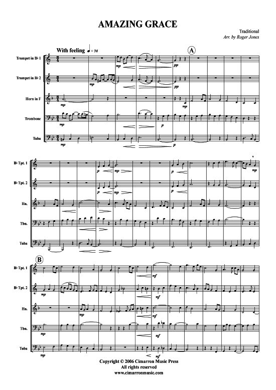 Amazing Grace (Blechbl auml serquintett) (Quintett (Blech Brass)) von Traditional (arr. Roger Jones)