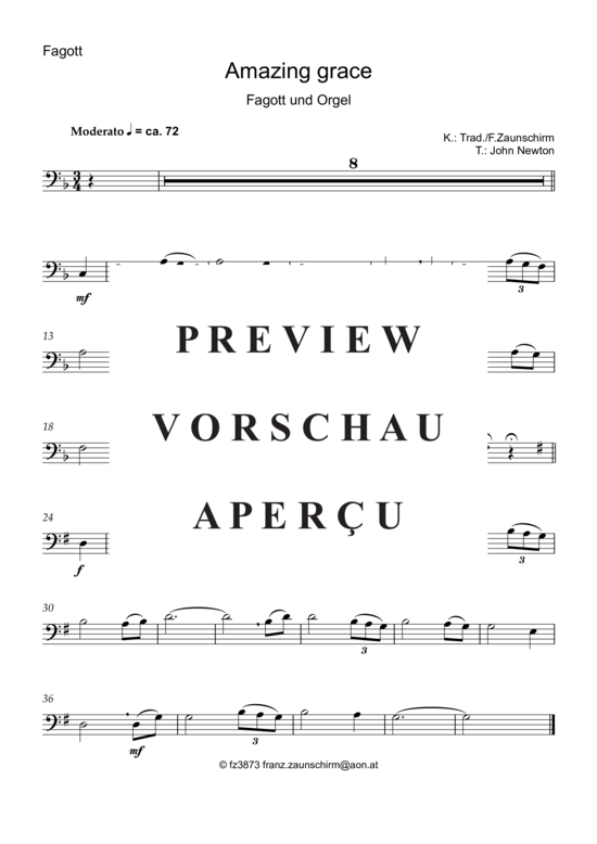 Amazing Grace (Fagott Solo + Orgel-Playback) (Fagott + Orgel) (Orgel  Fagott) von Traditional (Zaunschirm)