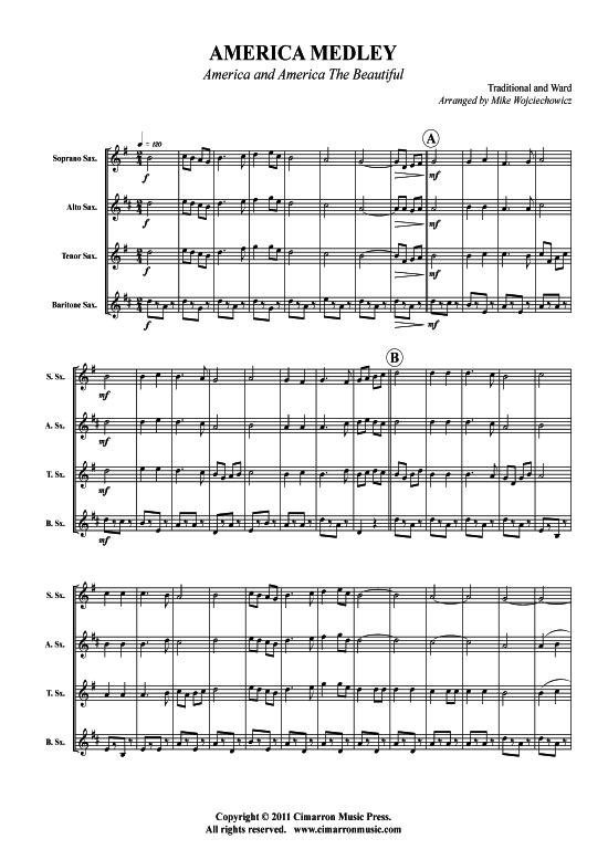 America Medley America u. America the Beautiful (Saxophon-Quartett SATB) (Quartett (Saxophon)) von Traditional