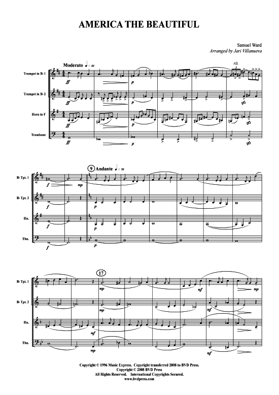 America the Beautiful (2xTromp in B Horn in F (Pos) Pos) (Quartett (Blech Brass)) von Traditional