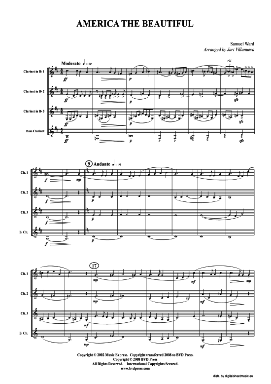 America the Beautiful (3xKLAR in B Bass-KLAR) (Quartett (Klarinette)) von Samuel Ward (arr. Villanueva)