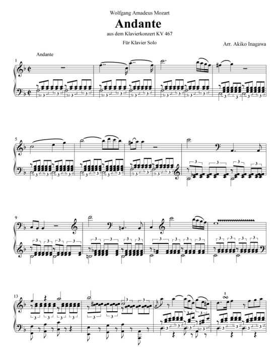 Andante aus dem Klavierkonzert KV467 (Klavier Solo) (Klavier Solo) von Wolfgang Amadeus Mozart (arr. A. Inagawa)