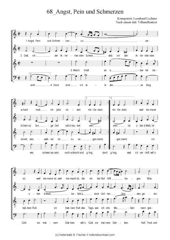 Angst Pein und Schmerzen (Gemischter Chor) (Gemischter Chor) von Leonhard Lechner Nach einem ital. Villanellentext