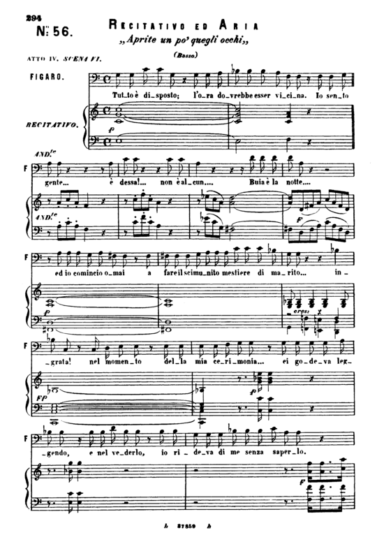 Aprite un po quegli occhi (Klavier + Bass Bariton Solo) Ricordi (Klavier  Bass) von W. A. Mozart (K.492)