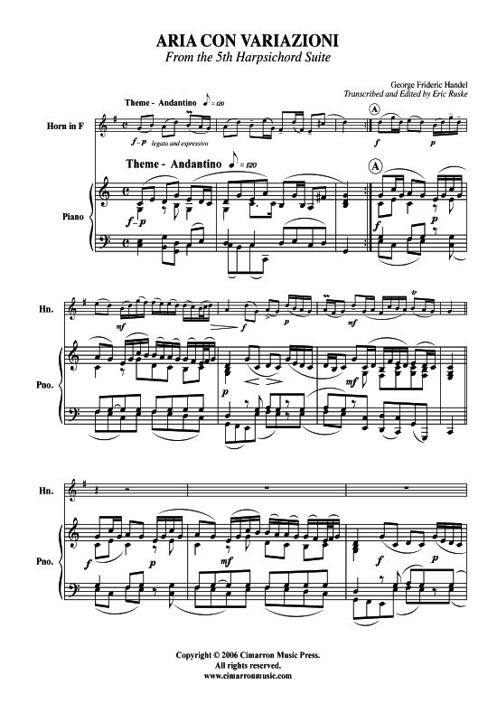 Aria con Variazoni (Horn in F + Klavier) (Klavier  Horn) von G. F. H auml ndel