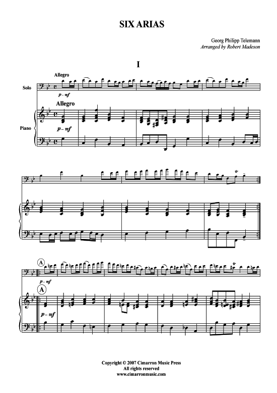 Arias Nr. 1-6 (Bariton Pos + Klavier) (Klavier  Bariton (Posaune)) von Georg Philipp Telemann