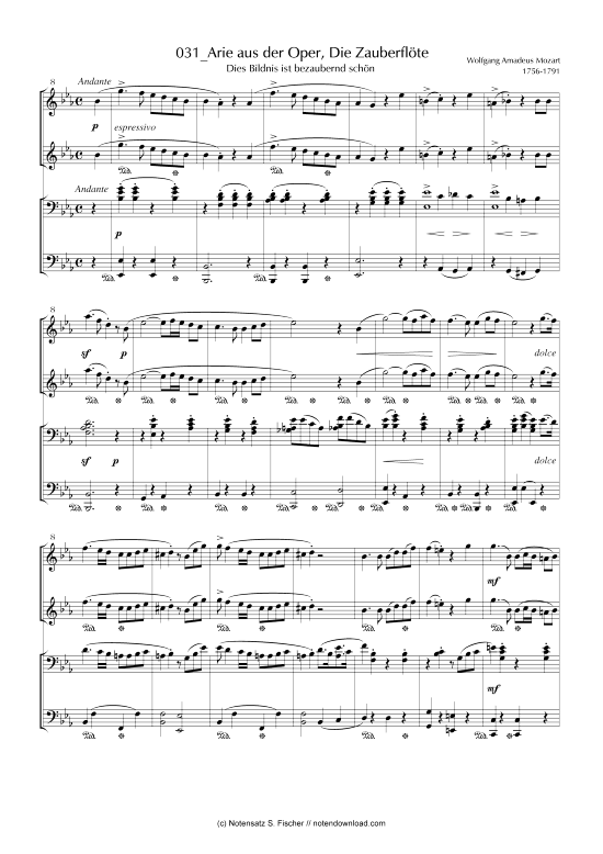 Arie aus der Oper Die Zauberfl te Dies Bildnis ist bezaubernd sch n (Klavier vierh ndig) (Klavier vierh ndig) von Wolfgang Amadeus Mozart 1756-1791 