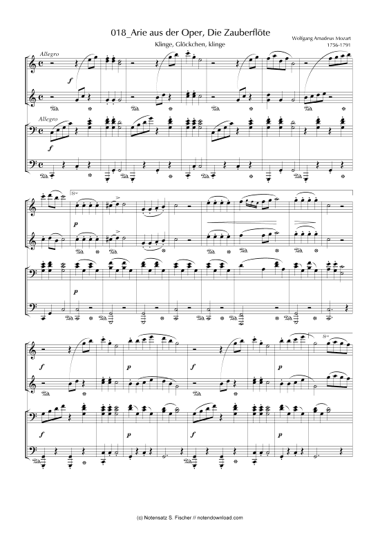 Arie aus der Oper Die Zauberfl te Klinge Gl ckchen klinge (Klavier vierh ndig) (Klavier vierh ndig) von Wolfgang Amadeus Mozart 1756-1791 