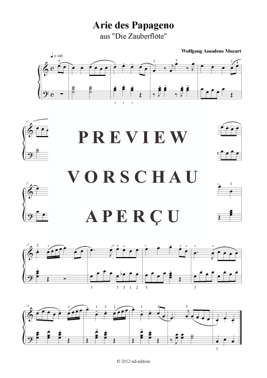 Arie des Papageno (Klavier solo einfach) (Klavier einfach) von W. A. Mozart (bearb. aus Die Zauberfl te)