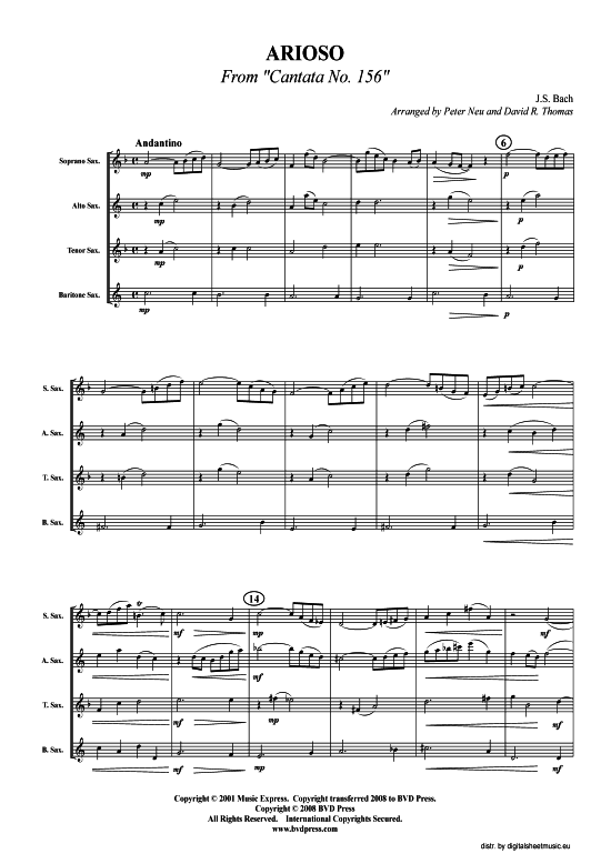 Arioso (SATB oder AATB) (Quartett (Saxophon)) von J. S. Bach (arr. Neu)