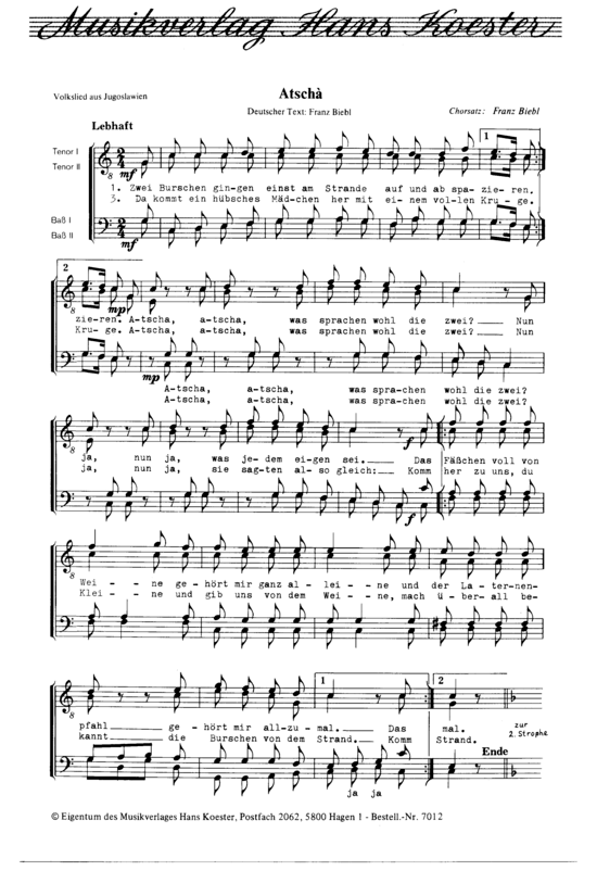 Atscha (M auml nnerchor) (M nnerchor) von Volkslied aus Jugoslawien