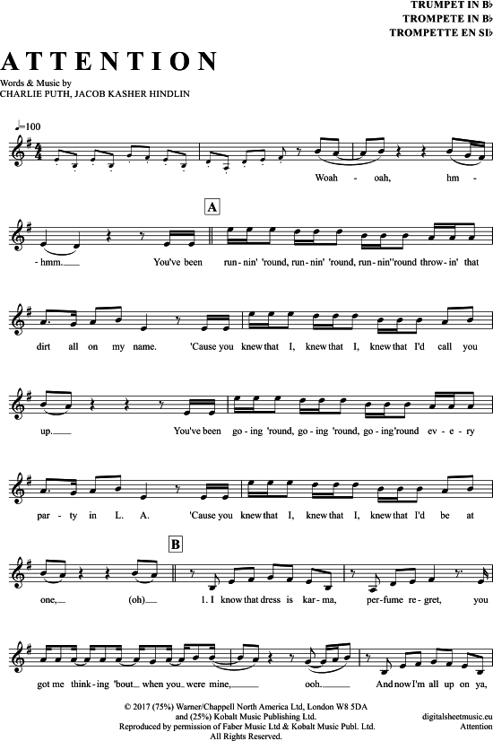 Attention (Trompete in B) (Trompete) von Charlie Puth