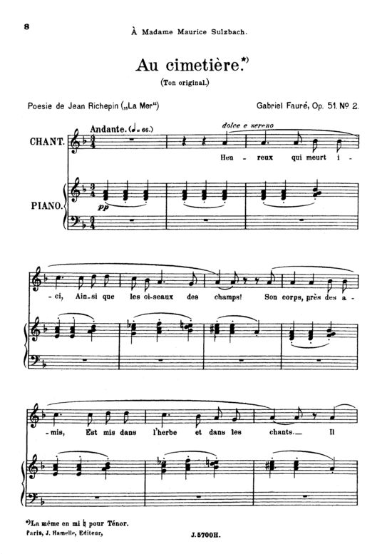 Au cimeti egrave re Op.51 No.2 (Gesang hoch + Klavier) (Klavier  Gesang hoch) von Gabriel Faur eacute 