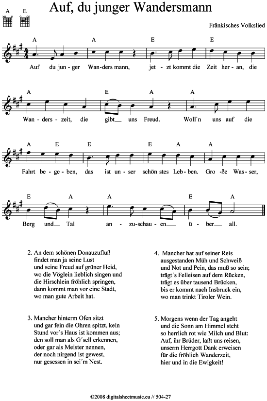 Auf du junger Wandersmann (Gesang  Akkorde) von Fr nkisches Volkslied
