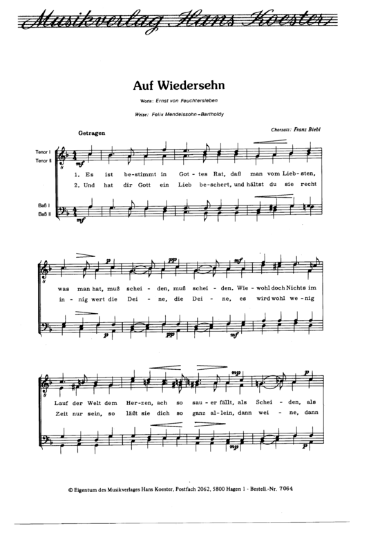 Auf Wiedersehn (M auml nnerchor) (M nnerchor) von Felix Mendelsohn-Bartholdy
