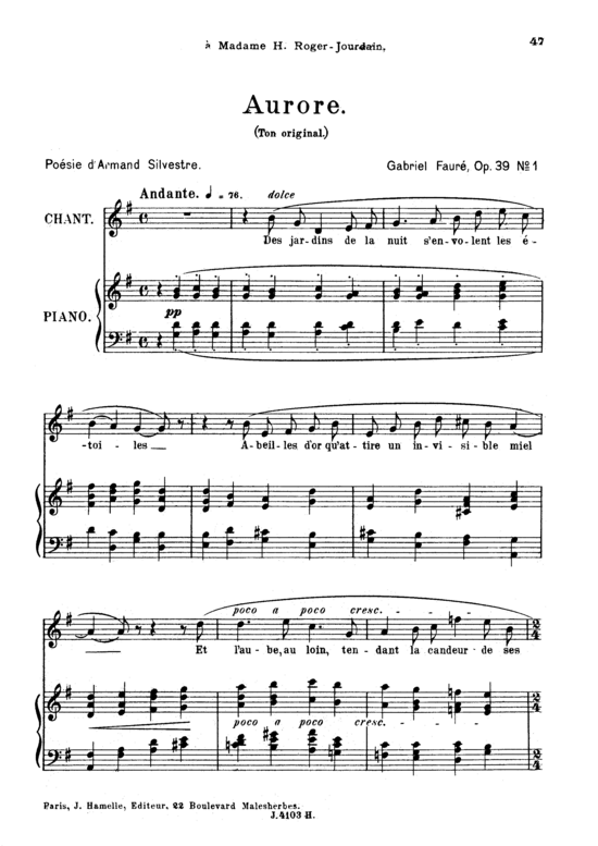 Aurore Op.39 No.1 (Gesang hoch + Klavier) (Klavier  Gesang hoch) von Gabriel Faur eacute 