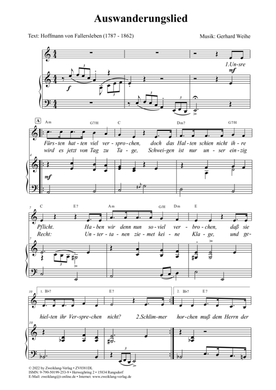 Auswanderungslied (Gesang + Klavier) (Klavier  Gesang) von Gerhard Weihe