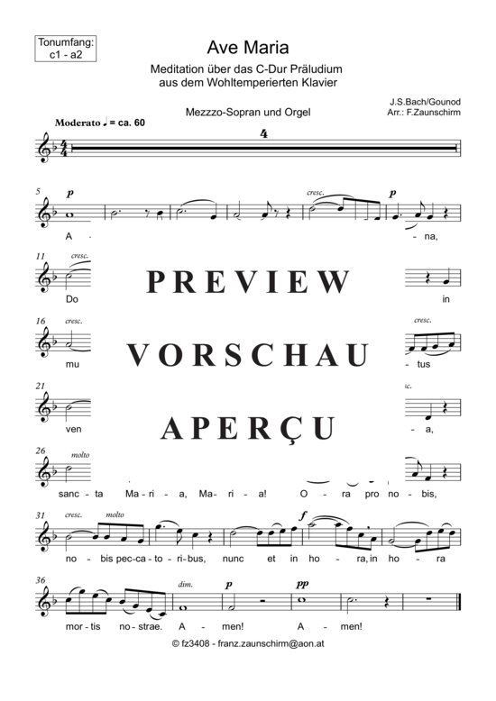 Ave Maria c1 - a2 (Mezzo-Sopran Solo + Orgel-Playback) (Orgel  Gesang) von Bach Gounod (Zaunschirm)