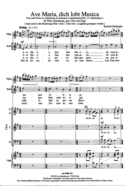 Ave Maria dich lobt Musica (Solo Fl ouml te Gemischter Chor + Orgel) (Gemischter Chor Soli Orgel) von Konrad Seckinger